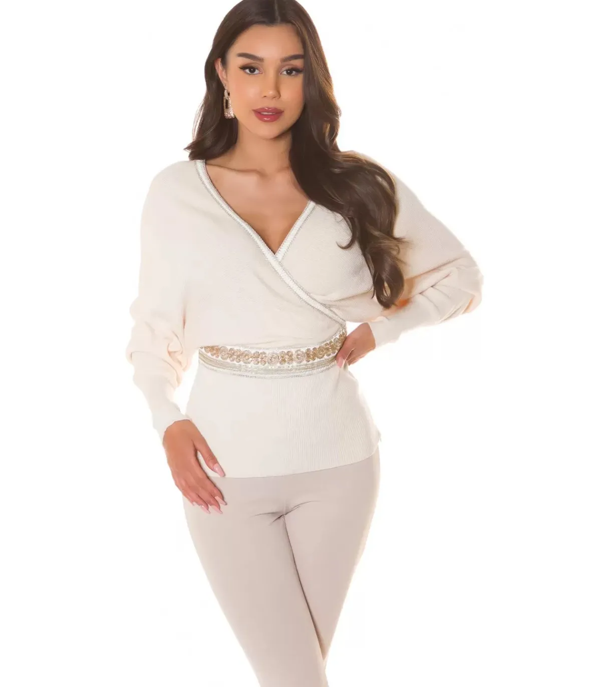 Hersecret Beige koristeinen lepakkohihainen wrap-look v-neule