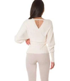 Hersecret Beige koristeinen lepakkohihainen wrap-look v-neule