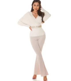 Hersecret Beige koristeinen lepakkohihainen wrap-look v-neule