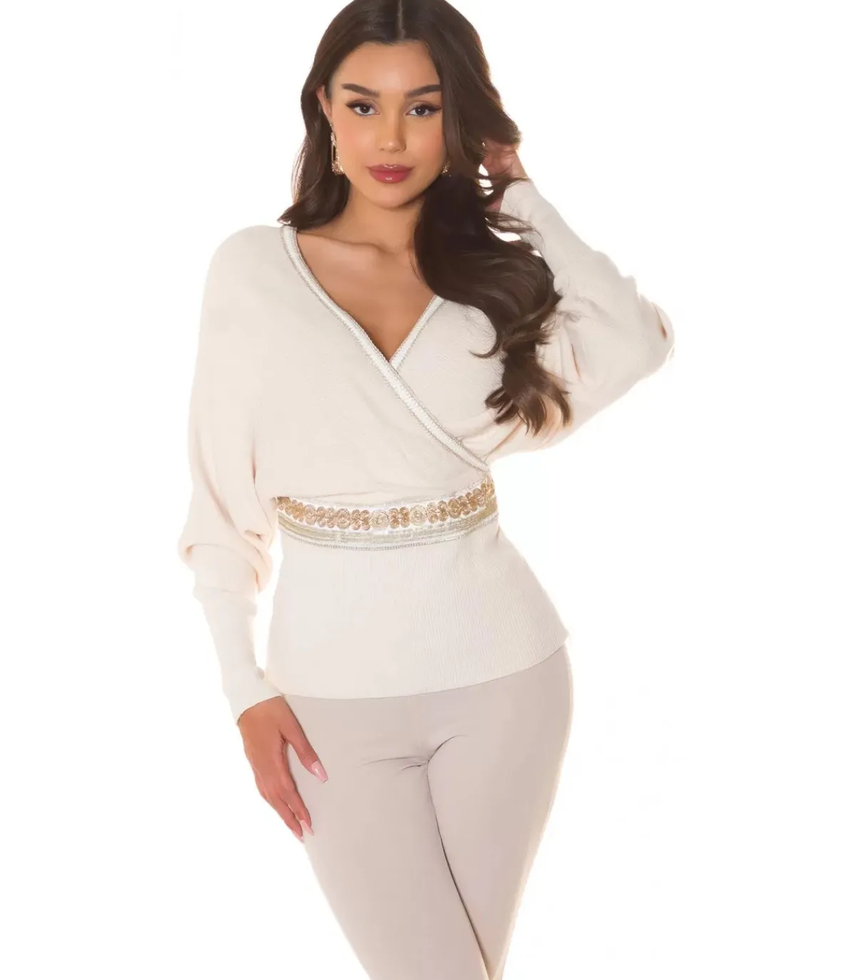 Hersecret Beige koristeinen lepakkohihainen wrap-look v-neule