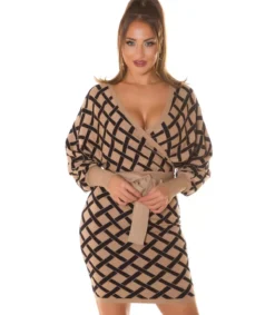 Hersecret Beige kuviollinen lepakkohihainen wrap-look v-neulemekko