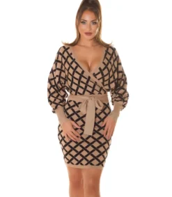 Hersecret Beige kuviollinen lepakkohihainen wrap-look v-neulemekko