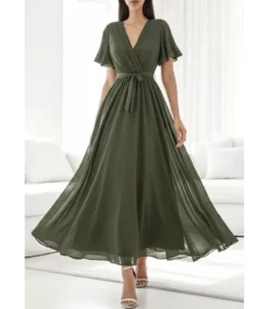 Elle Style Elise khaki pitkä juhlamekko vyöllä