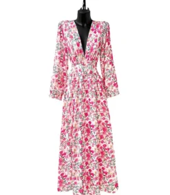 Elle Style Julietta pinkki kukkakuvioinen maksimekko helminapeilla