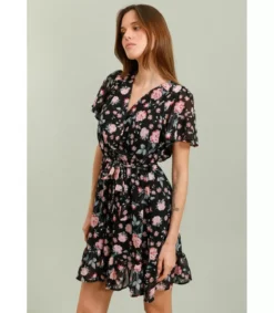 Hersecret Feelook musta lyhythihainen wrap-look v-kukkamekko