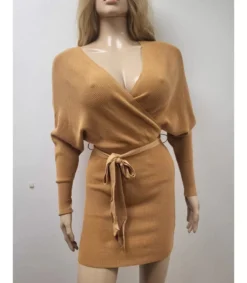 WHOO Kameli wrap-look v-neulemekko lepakkohihoilla ja vyöllä
