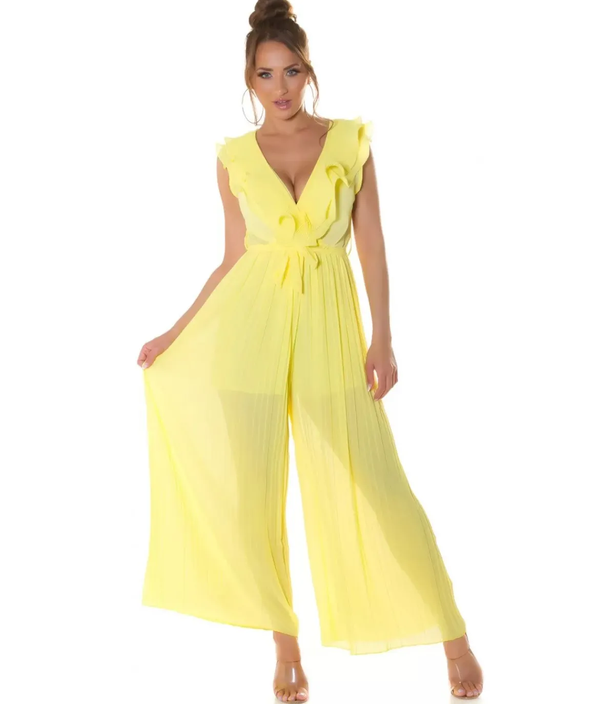 Koucla Keltainen v-röyhelöjumpsuit vyöllä