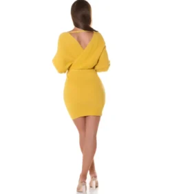 Koucla Keltainen wrap-look v-neulemekko lepakkohihoilla ja vyöllä