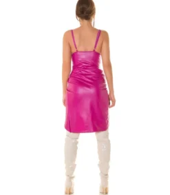 Koucla fuksia high low wrap-look v-tekonahkamekko