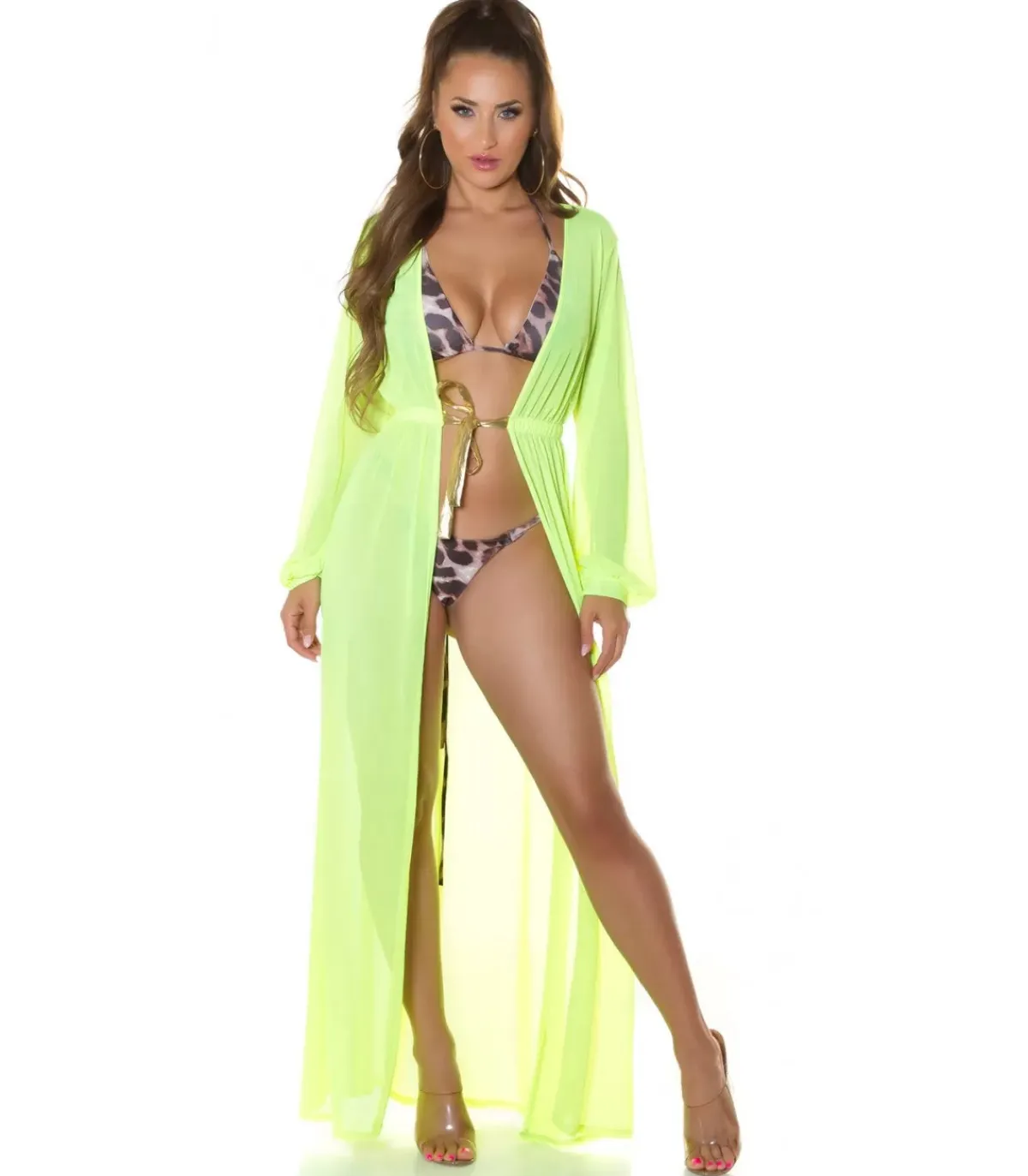 Koucla neonkeltainen pitkä mesh-kimono kultanauhoilla