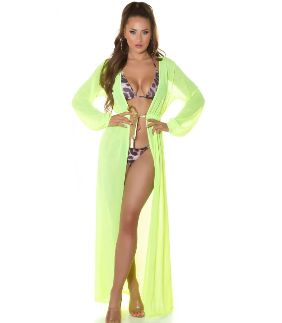 Koucla neonkeltainen pitkä mesh-kimono kultanauhoilla