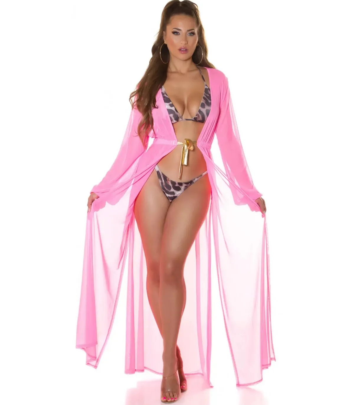 Koucla neonpinkki pitkä mesh-kimono kultanauhoilla