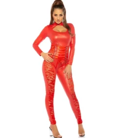 Koucla punainen wetlook catsuit nyöreillä ja pitsillä