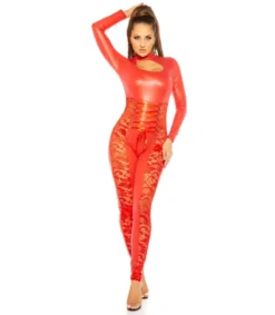 Koucla punainen wetlook catsuit nyöreillä ja pitsillä