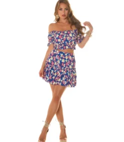 Koucla sininen kukkakuvioinen off-shoulder hamesetti