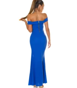 Koucla sininen off-shoulder pitkä juhlamekko halkiolla