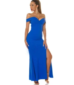 Koucla sininen off-shoulder pitkä juhlamekko halkiolla