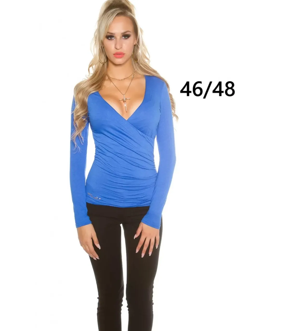 Koucla sininen pitkähihainen wrap-look v-paita (plus size)