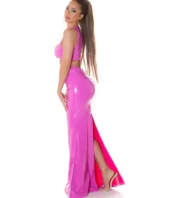 Koucla vaaleanpunainen latex look makihame halkiolla