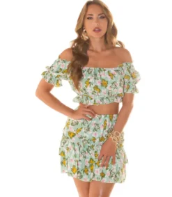 Koucla vihreä kukkakuvioinen off-shoulder hamesetti