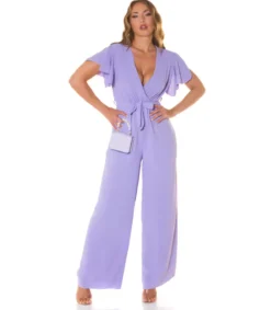 Koucla Lila lyhythihainen leveälahkeinen v-jumpsuit vyöllä