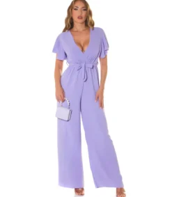 Koucla Lila lyhythihainen leveälahkeinen v-jumpsuit vyöllä