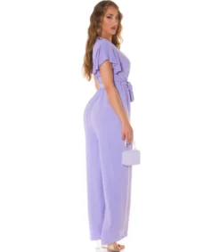 Koucla Lila lyhythihainen leveälahkeinen v-jumpsuit vyöllä