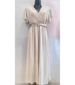 MIA Mily beige lyhythihainen pitkä v-mekko vyöllä