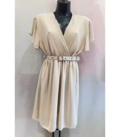 Mily beige lyhythihainen v-mekko vyöllä