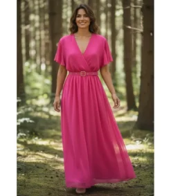 Mily pinkki lyhythihainen pitkä v-mekko vyöllä