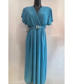 Mily teal lyhythihainen pitkä v-mekko vyöllä