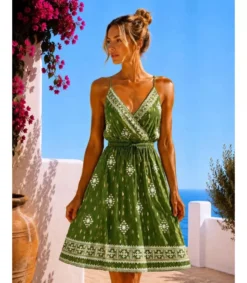 Hersecret Miss Sara khakivalkoinen kultaprinttikuvioinen v-kesämekko vyötärönauhoilla