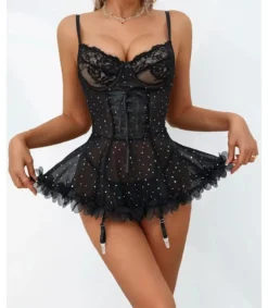 Hersecret Musta babydoll strasseilla ja sukkanauhaliiveillä