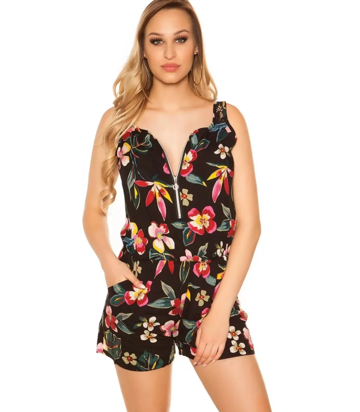 Koucla Musta kukkakuvioinen vetoketjukoristeinen playsuit