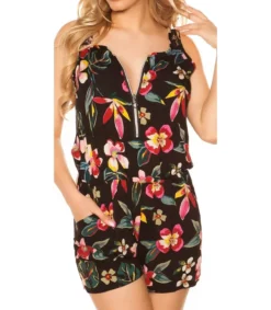 Koucla Musta kukkakuvioinen vetoketjukoristeinen playsuit