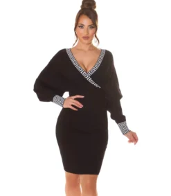 Koucla Musta lepakkohihainen wrap-look v-neulemekko kuvioilla