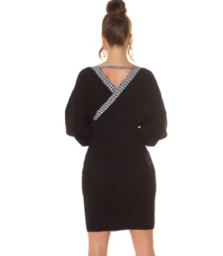 Koucla Musta lepakkohihainen wrap-look v-neulemekko kuvioilla