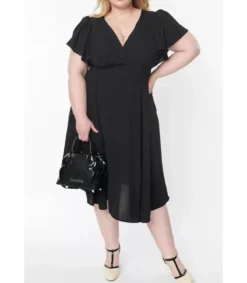 LC Musta lyhythihainen v-juhlamekko nauhoilla (plus size)