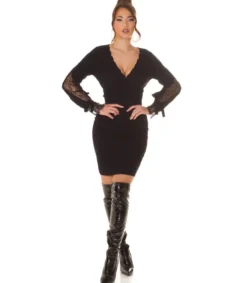 Koucla Musta pitsihihainen wrap-look v-neulemekko