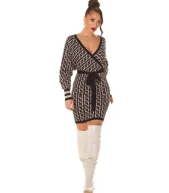 Koucla Musta printtikuvioinen wrap-look v-neulemekko lepakkohihoilla ja vyöllä