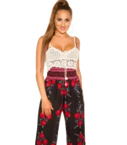 Koucla Musta ruusukuvioinen jumpsuit virkkauksella
