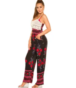 Koucla Musta ruusukuvioinen jumpsuit virkkauksella
