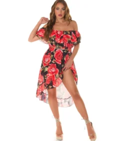 Koucla Musta ruusukuvioinen off-shoulder high low -mekko ketjuvyöllä