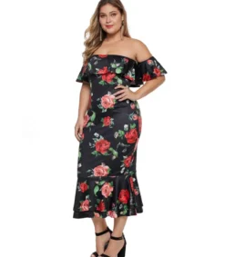 LC Musta ruusukuvioinen off-shoulder midimekko (plus size)