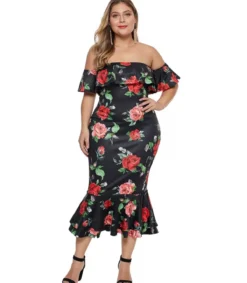 LC Musta ruusukuvioinen off-shoulder midimekko (plus size)