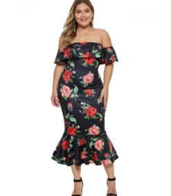 LC Musta ruusukuvioinen off-shoulder midimekko (plus size)
