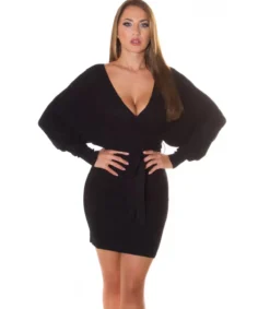 Koucla Musta wrap-look v-neulemekko lepakkohihoilla ja vyöllä