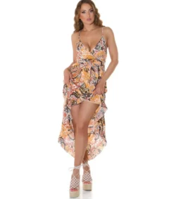 Koucla Oranssi kuviollinen high low v-kesämekko