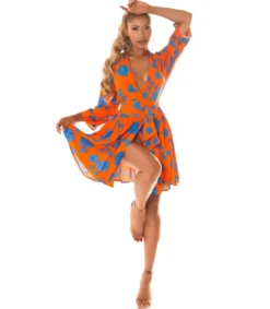 Koucla Oranssisininen kukkakuvioinen wrap-look v-mekko