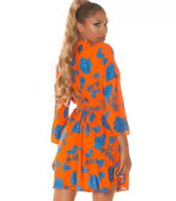 Koucla Oranssisininen kukkakuvioinen wrap-look v-mekko
